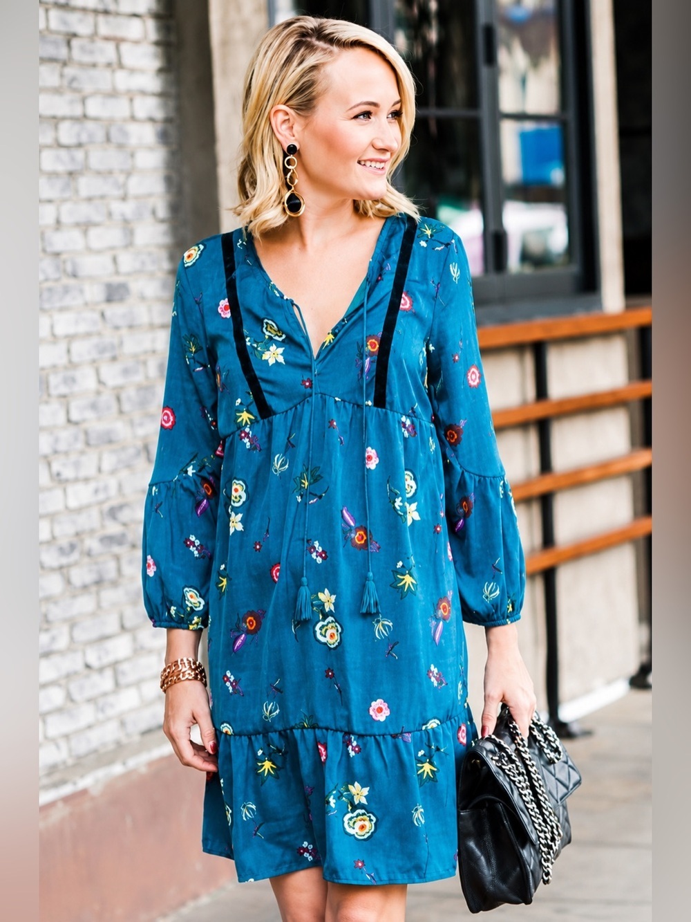 Old Navy Teal Floral Boho Peasant Dress with Velvet Trim Size Large